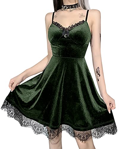 DINGJIUYAN Gothic Spitze Kurz Kleid Schwarz Minikleid Halbmond Korsett Gothic Sexy Rückenfrei Partykleid, grün, S von DINGJIUYAN