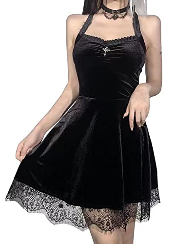 DINGJIUYAN Gothic Spitze Kurzes Kleid Schwarz Minikleid Halbmond Korsett Gothic Sexy Rückenfreies Partykleid, Kleid mit Z-Trägern, X-Large von DINGJIUYAN