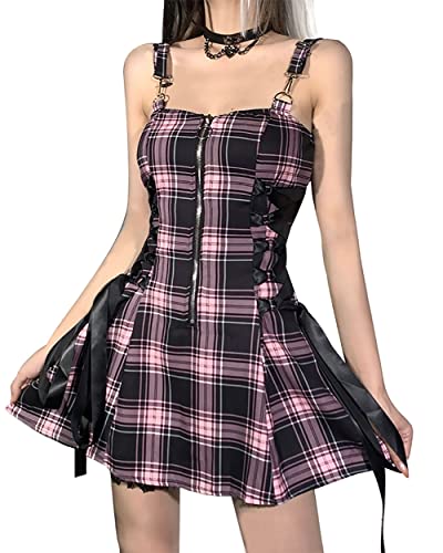 DINGJIUYAN Halloween Damen Karierte Bandage Kleid, Streetwear Vintage Punk, Ästhetisch, Reißverschluss, A-Linie, Harajuku, Mode fibrY2K, Rosa, XXL von DINGJIUYAN