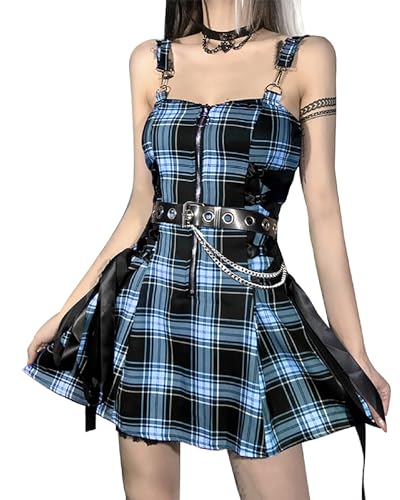 DINGJIUYAN Halloween Damen Karierte Bandage Kleid, Streetwear Vintage Punk, Ästhetisch, Reißverschluss, A-Linie, Harajuku, Mode fibrY2K, Z-Blau mit Gürtel, Large von DINGJIUYAN