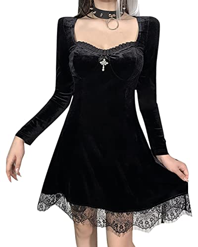 DINGJIUYAN Halloween Minikleid Gothic Schwarz für Frauen, Vintage, Sexy, Spaghettiträger, hohe Taille, Seitenschlitz, Clubparty, Schwarz , XXL von DINGJIUYAN