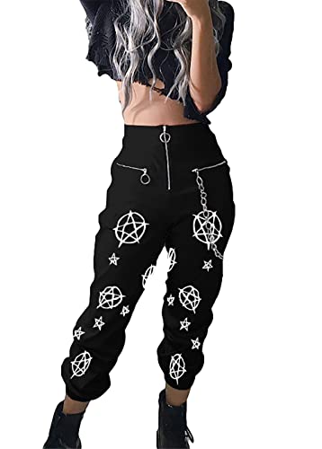 DINGJIUYAN Harajuku-Hose, Gothic-Optik, Reißverschluss, Kette, Haremshose, Übergröße, hohe Taille, Freizeithose, 07-schwarz, M von DINGJIUYAN