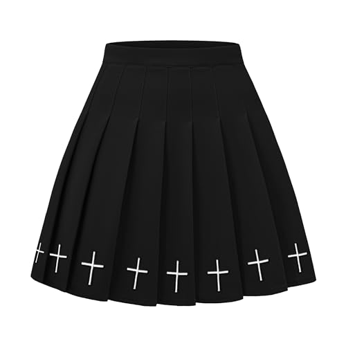 DINGJIUYAN Harajuku Plissee A-Linie Minirock Teenager Emo Rock Schule JK Uniform Cross Röcke Schwarz, Schwarz , 48 von DINGJIUYAN
