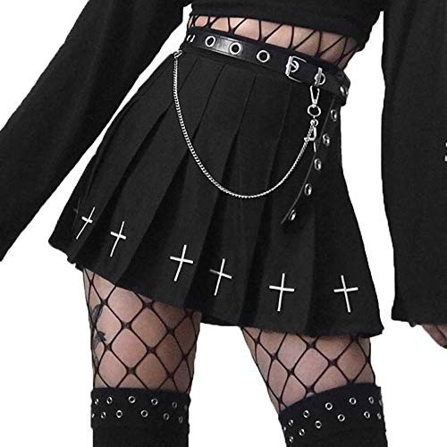 DINGJIUYAN Punk Cross Print Dark Mini Röcke Kette Gürtel Schwarz Uniform Faltenrock Gr. 44, 1-black Skirt With Chain Belt von DINGJIUYAN