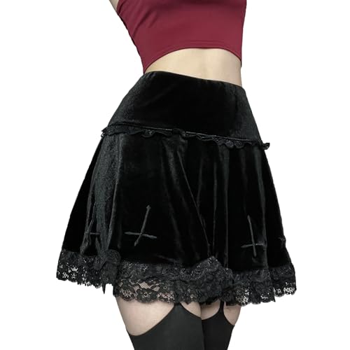 DINGJIUYAN Punk-Kreuz-Druck, dunkler Minirock, Kettengürtel, schwarz, Uniform, Faltenrock, Rock aus Spitze, Medium von DINGJIUYAN