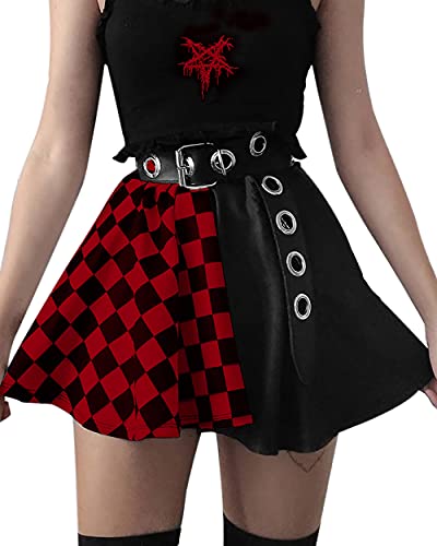 DINGJIUYAN Punk Cross Print Dunkel Mini Röcke Kette Gürtel Schwarz Uniform Faltenrock, Gürtel mit Rot, 52 von DINGJIUYAN