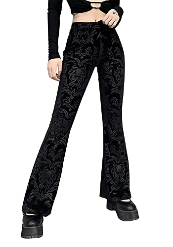 DINGJIUYAN Retro-Gothic-Druck, schwarze Hose, Gothic-Harajuku, hohe Taille, ausgestellt, Gothic-Stil, ästhetisch, Punk, hohe Taille, ausgestellte Hose, 01-schwarz, L von DINGJIUYAN
