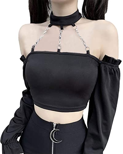 DINGJIUYAN Schulterfreies Gothic-Top, schwarz, Punk, Matal, Kette, Patchwork-Top, Schwarz , XXL von DINGJIUYAN