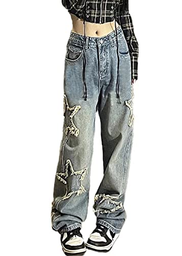 DINGJIUYAN Vintage Star Jeans für Damen, Tasche, weites Bein, gerade Denim-Hose, Y2K, Streetwear, Freizeithose, Jeans, F, XS DINGJIUYAN Vintage Star Jeans für Damen, Tasche, weites Bein, gerade Denim-Hose, Y2K, Streetwear, Freizeithose, Jeans, F, XS von DINGJIUYAN