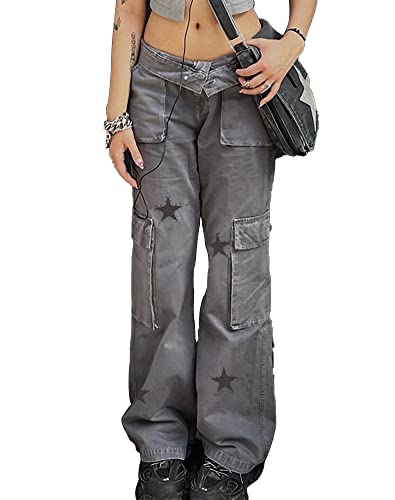 DINGJIUYAN Y2K Streetwear Taschen Up Cargo Jeans Grau Star Print Low Rise Gothic Straight Hose Denim Grunge Baggy Hose Vintage, B, M von DINGJIUYAN