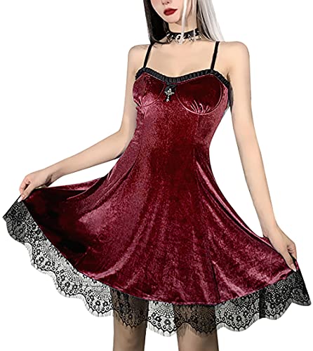 Goth Retro Court Spitze Laterne Langarm Hollow-Out O Neck Pure Black Temperament Samt Midi Kleid, 01-lace dress red, L von DINGJIUYAN