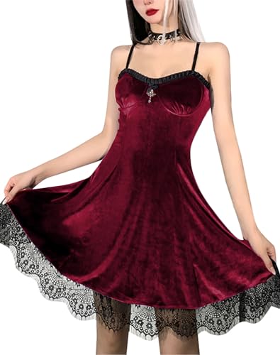 Goth Retro Court Spitze Laterne Langarm Hollow-Out O Neck Pure Black Temperament Samt Midi Kleid, 01-lace dress red, X-Large von DINGJIUYAN