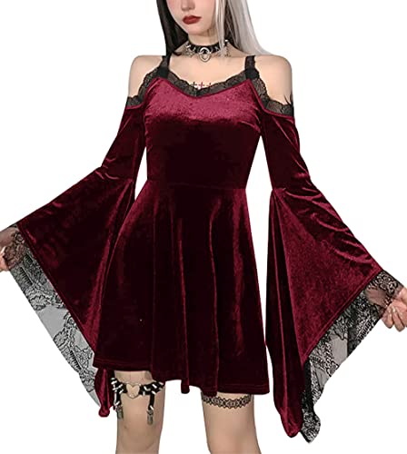 Goth Retro Court Spitze Laterne Langarm Hollow-Out O Neck Pure Black Temperament Samt Midi Kleid, Ausgestellte Ärmel, Rot, Medium von DINGJIUYAN