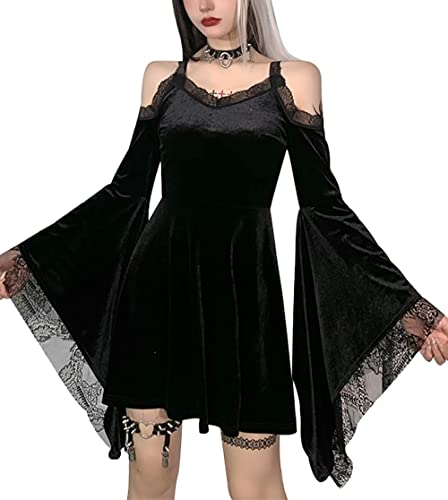 Goth Retro Court Spitze Laterne Langarm Hollow-Out O Neck Pure Black Temperament Samt Midi Kleid, Flare Sleeve Schwarz, X-Large von DINGJIUYAN