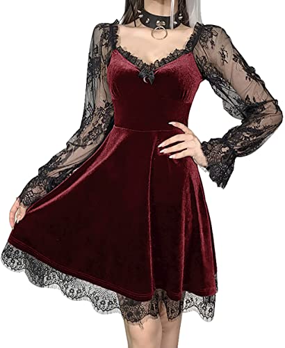 Goth Retro Gericht Spitze Laterne Langarm Aushöhlen O Hals Pure Black Temperament Samt Midi Kleid, Herbstkleid Rot, L von DINGJIUYAN