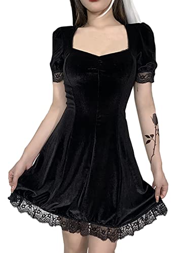 Goth Retro Court Spitze Laterne Langarm Hollow-Out O Neck Pure Black Temperament Samt Midi Kleid, Minikleid aus Samt, L von DINGJIUYAN