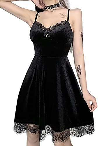 Goth Retro Court Spitze Laterne Langarm Hollow-Out O Neck Pure Black Temperament Samt Midi Kleid, Moon Dress Black, Medium von DINGJIUYAN