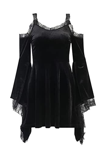 Goth Retro Gericht Spitze Laterne Langarm Aushöhlen O Hals Pure Black Temperament Samt Midi Kleid, Flare Sleeve Schwarz, L von DINGJIUYAN