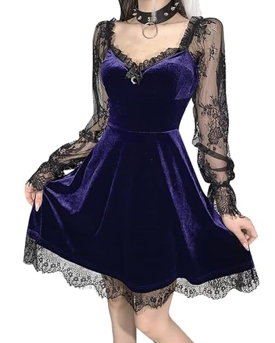 Goth Retro Gericht Spitze Laterne Langarm Aushöhlen O Hals Pure Black Temperament Samt Midi Kleid, Herbstkleid Lila, L von DINGJIUYAN