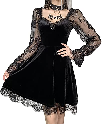 Kurzes Kleid im Gothic-Stil, Spitze, Samt, V-Ausschnitt, Halbmond, sexy, Halloween, Partykleid, Cocktailkleid, lässiges Minikleid, Herbstkleid, schwarz, XXL von DINGJIUYAN
