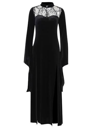 Goth Vintage Elegant Schwarz Samt Kleid Harajuku Spitze Hohe Taille Schlitz Kleider Ästhetisch Slim Partykleid, Zz-Black Dress, Medium von DINGJIUYAN