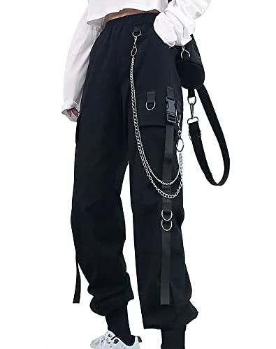 DINGJIUYAN Gothic-Cargo-Haremshose mit Kette für Damen, Übergröße, hohe Taille, Y2K, Harajuku, Steampunk, Halloween-Hose, 02-schwarz, L von DINGJIUYAN