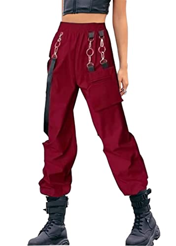 Gothic Cargohose Damen Streetwear Schwarz Hohe Taille Hose Damen Harajuku Koreanischer Stil Gothic Hose Oversized, 03-rot, M von DINGJIUYAN