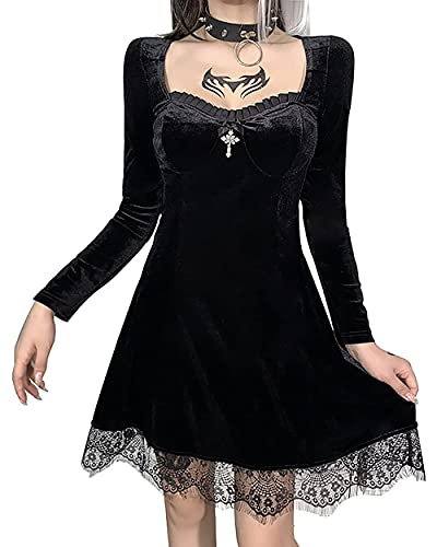Gothic Retro Court Lace Lantern Long Sleeve Hollow Out O Neck Pure Black Temperament Velvet Midi Kleid, Long Sleeve Dress Black, S Gothic Retro Court Lace Lantern Long Sleeve Hollow Out O Neck Pure Black Temperament Velvet Midi Kleid, Long Sleeve Dress Black, S von DINGJIUYAN