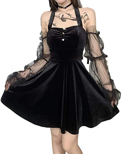 Goth Retro Court Spitze Laterne Langarm Aushöhlen O Ausschnitt Reines Schwarz Temperament Samt Midikleid, Kleid mit 001 Knöpfen, L von DINGJIUYAN