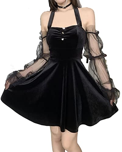 Gothic-Kleid für Damen, schulterfrei, durchsichtig, lange Puffärmel, rückenfrei, Halloween, Samt, Vintage-Kleider, Kleid mit 001 Knöpfen, L von DINGJIUYAN