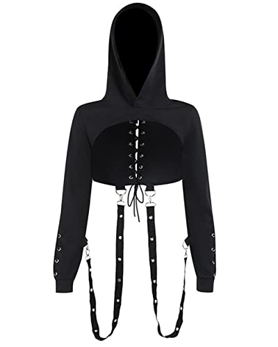 Y2K Gothic Hoodies Kapuzenpullover Langarm Ösen Hosenträger Solid Schwarz Crop Sweatshirt für Damen, 01-schwarz, 42 von DINGJIUYAN
