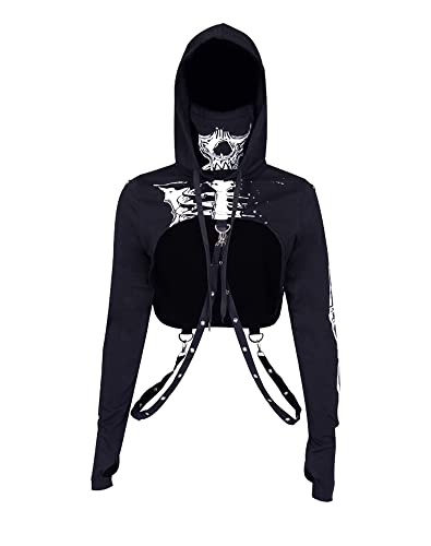 Y2K Gothic Hoodies Kapuzenpullover Langarm Ösen Hosenträger Solid Schwarz Crop Sweatshirt für Damen, 02-schwarz, 38 von DINGJIUYAN