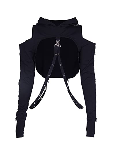Y2K Gothic Hoodies Kapuzenpullover Langarm Ösen Hosenträger Solid Schwarz Crop Sweatshirt für Damen, 03-schwarz, 38 von DINGJIUYAN