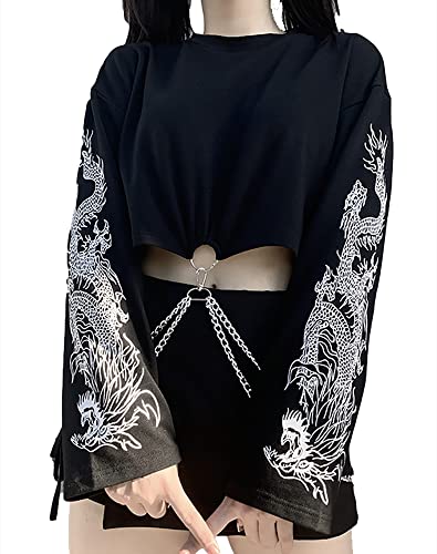 Y2K Gothic Hoodies Kapuzenpullover Langarm Ösen Hosenträger Solid Schwarz Crop Sweatshirt für Damen, 05-schwarz, 36 von DINGJIUYAN