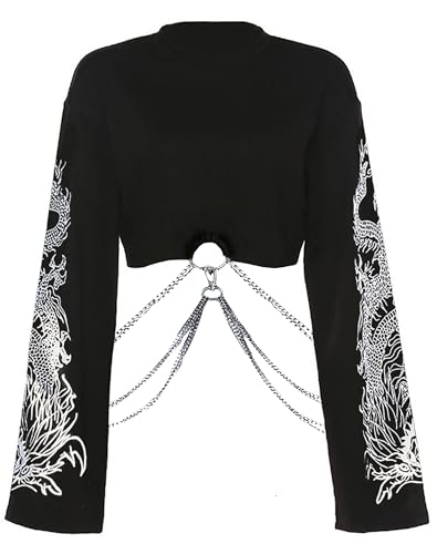 DINGJIUYAN Gothic Hoodies Y2k Punk Emo-Shirts Alt Kleidung Kawaii Langarm Druck Pullover, 05-schwarz, L von DINGJIUYAN