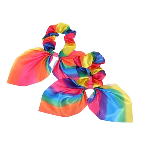 DINHEAROM 2 Stück Elastische Regenbogen Haarbänder mit Süßen Hasenohren und Quasten Stylischer Ponytail Halter für Damen und Mädchen Modisches Haar Accessoire für Jeden Anlass von DINHEAROM