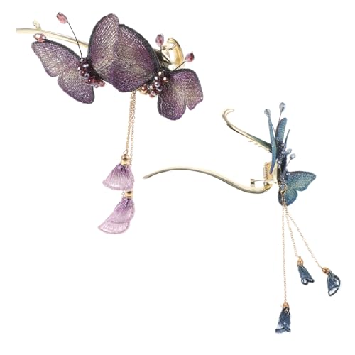 DINHEAROM 2 Stück Haarklammern Damen mit Schmetterling Stickerei und Quasten Modische Haarspangen in Violett und Blau Eleganter Haarschmuck für Pferdeschwanz Dutt und Festliche Anlässe von DINHEAROM