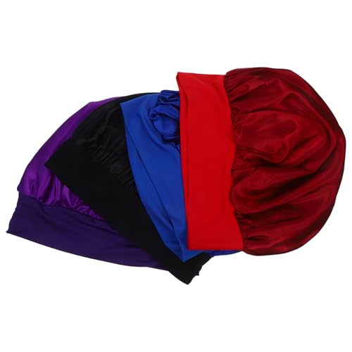 DINHEAROM 4 Stück Teiliges Satin Schlafhaube für Damen Elastische Haube für Lockiges Langes oder Kurzes Haar Weiche Atmungsaktive Nachtmütze Blau Schwarz und Weinrot für und Schlaf von DINHEAROM