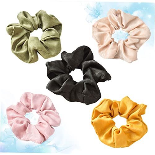 DINHEAROM 5 Stück Teiliges Satin Haargummis Nahtlose Elastische Stoff Haarbänder in Gelb Grün Khaki Schwarz Weiche Pferdeschwanz Halter für Frauen und Mädchen Alltagstauglich und Stylisch von DINHEAROM