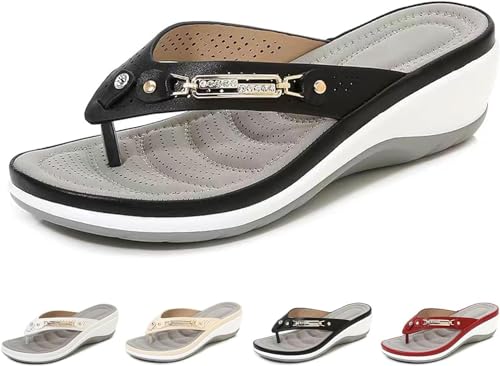 DINNIWIKL Flip-Flops für Damen, bequeme Flip-Flops für den Strand, orthopädische Sandalen mit Bogenstütze, orthopädische Strandschuhe, elegant, Ledersandalen für den Sommer, Schwarz , 35 EU von DINNIWIKL