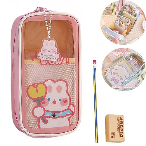 DINNIWIKL Kawaii Pencil Case Aesthetic Cute Pencil Pouch, Clear Pencil Case, Kawaii Pencil Pouch, Aesthetic Cute Pencil Case, Big Capacity Pencil Pen Case for Girls (Pink Flower Rabbit) von DINNIWIKL