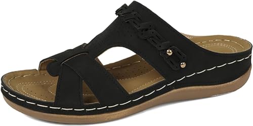 DINNIWIKL Orthopädische Hausschuhe Damen Sommer Offene Zehe Schuhe Clogs Bequeme Plateau Hausschuhe Strand Hausschuhe Mode Retro Rutschfest Sandalen Casual Leere Schuhe, Schwarz , 36 EU von DINNIWIKL