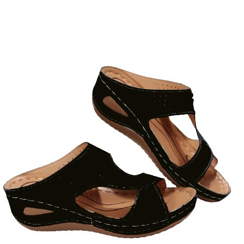 DINNIWIKL Orthopädische Hausschuhe für Damen, lässig, Sommer, elegant, Keilabsatz, Blumensandalen, leicht, weich, für Damen, Plattform, elegant, Strand, atmungsaktive Schuhe, Schwarz , 37 EU von DINNIWIKL