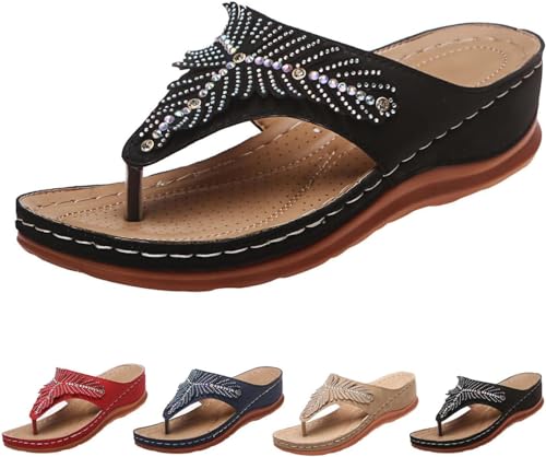 DINNIWIKL Sandalen Damen Sommer Bequeme Orthopädische offene Zehe Sandalen mit Keilabsatz aus Strass, Casual Flip-Flops mit dicker Sohle, Slip-On Sandalen mit Absatz Bohemia Sandalen, Schwarz , 35 EU von DINNIWIKL