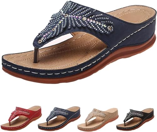 DINNIWIKL Sandalen Damen Sommer Bequeme Orthopädische offene Zehe Sandalen mit Keilabsatz aus Strass, Casual Flip-Flops mit dicker Sohle, Slip-On Sandalen mit Absatz Bohemia Sandalen, blau, 36 EU von DINNIWIKL