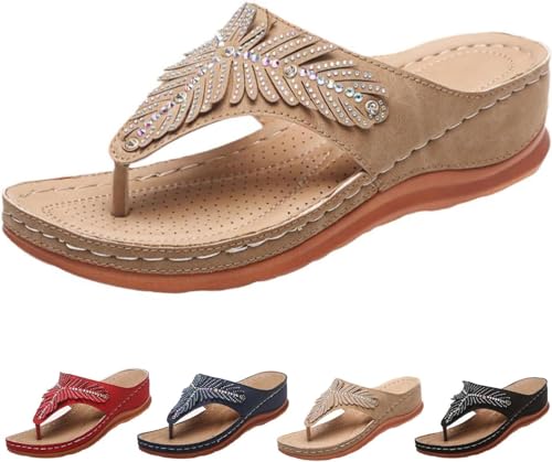 DINNIWIKL Sandalen Damen Sommer Bequeme Orthopädische offene Zehe Sandalen mit Keilabsatz aus Strass, Casual Flip-Flops mit dicker Sohle, Slip-On Sandalen mit Absatz Bohemia Sandalen, kaki, 35 EU von DINNIWIKL