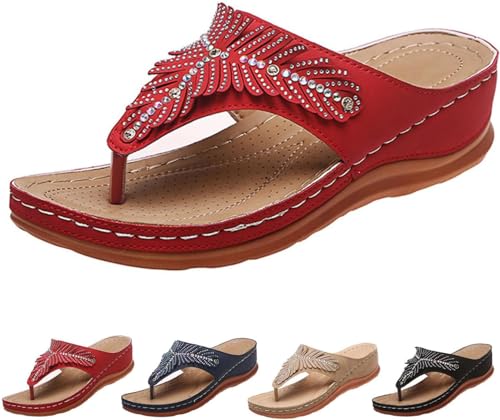 DINNIWIKL Sandalen Damen Sommer Bequeme Orthopädische offene Zehe Sandalen mit Keilabsatz aus Strass, Casual Flip-Flops mit dicker Sohle, Slip-On Sandalen mit Absatz Bohemia Sandalen, rot, 35 EU von DINNIWIKL