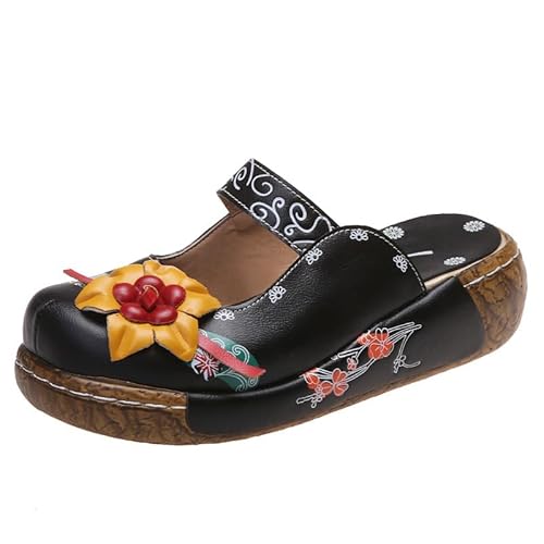 DINNIWIKL Sommersandalen Damen Retro Dicke Sohle Ethnische Blumen Böhmische Hausschuhe Elegant Slip-On Flip Flops Strand Leicht Casual Bequeme Sandalen Mode Elegant Slippers, Schwarz , 35 EU von DINNIWIKL