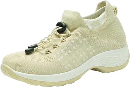 Damen-Sneakers Bequeme Orthopädische Schuhe Damen Slip-On Wanderschuhe aus atmungsaktivem Mesh Sommer Turnschuhe für Damen Bequeme Trainingsschuhe, Aprikose, 35 EU von DINNIWIKL