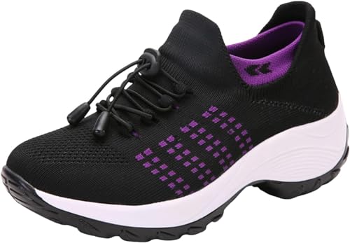 Damen-Sneakers Bequeme Orthopädische Schuhe Damen Slip-On Wanderschuhe aus atmungsaktivem Mesh Sommer Turnschuhe für Damen Bequeme Trainingsschuhe, Schwarz Violett, 38 EU von DINNIWIKL